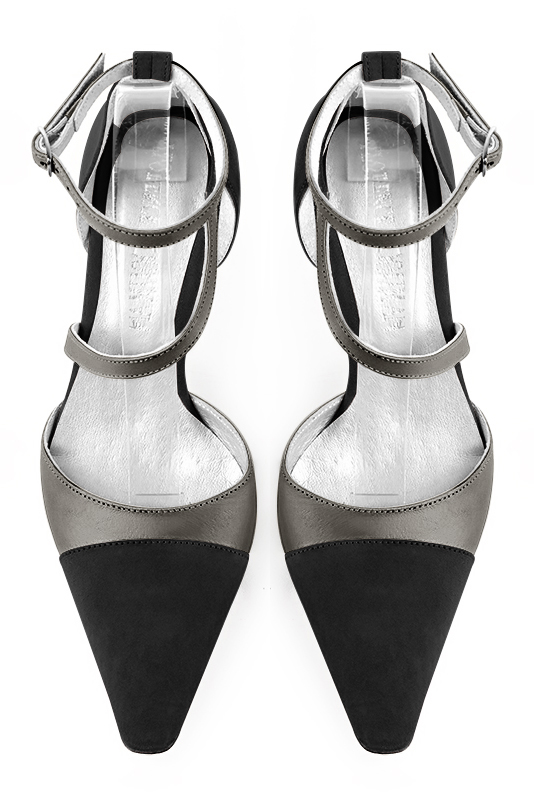 Matt black and taupe brown women's open side shoes, with snake-shaped straps. Tapered toe. Medium spool heels. Top view - Florence KOOIJMAN